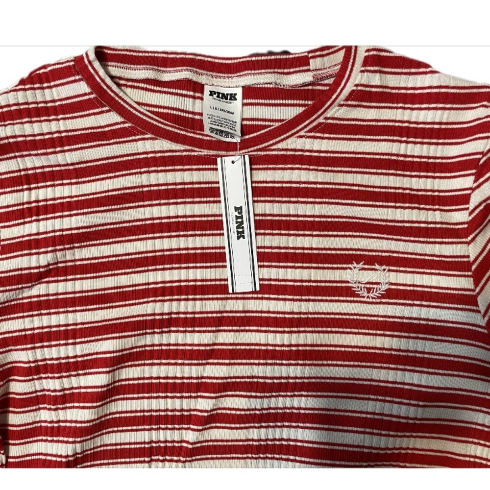 VICTORIA SECRET PINK Fitted rib-knit tee Red Pepper Stripe color size L NWT - Picture 4 of 11